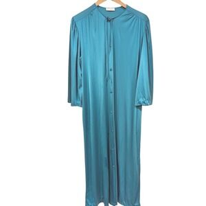 Miss Elaine Vintage Teal Nylon Tie Front Button Down‎ Lounge Dress Large